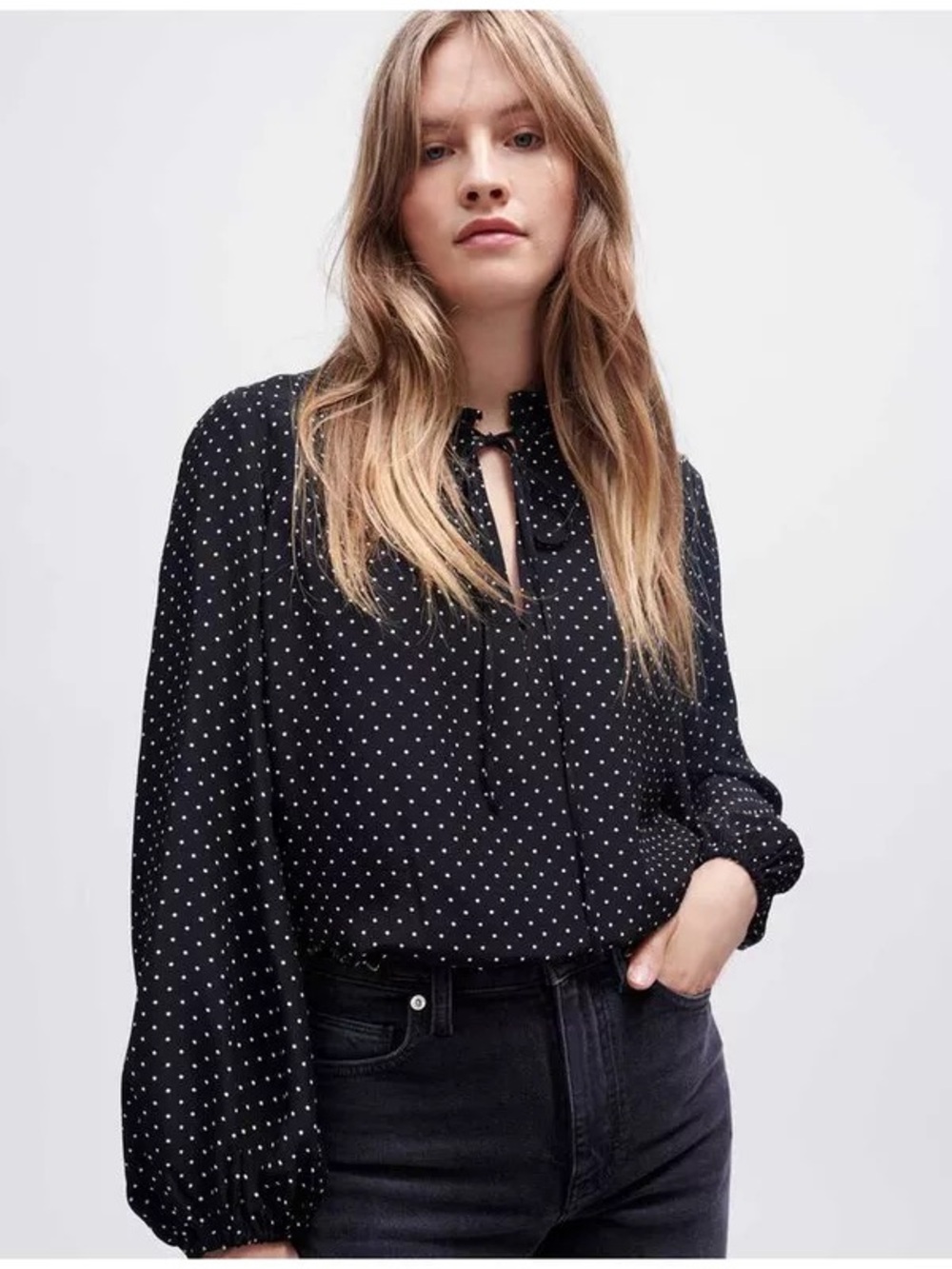 Maje Black Polka Dot Tie-Neck Blouse